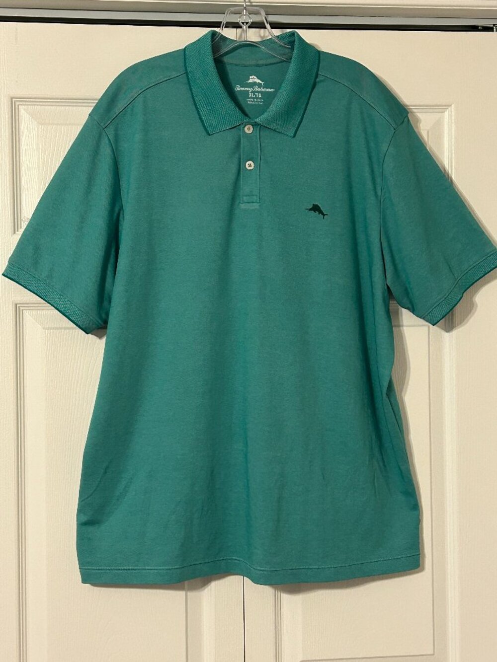 TOMMY BAHAMA Sz XL Aqua Blue w/Embroidered Swordfish Short Sleeve Polo Shirt